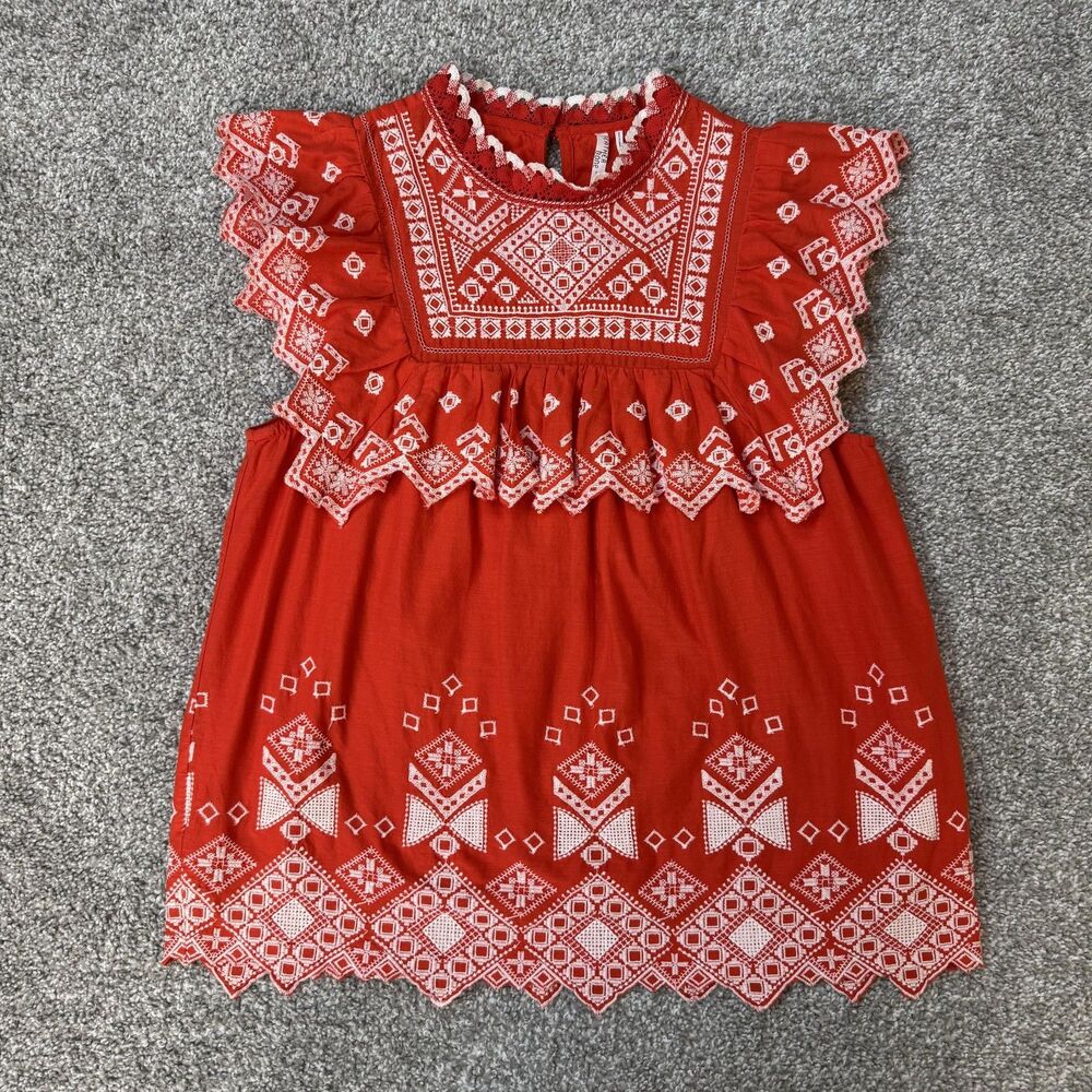 Feather Bone Anthropologie Blouse Womens 4 Red Embroidered Friar Eyelet Tunic